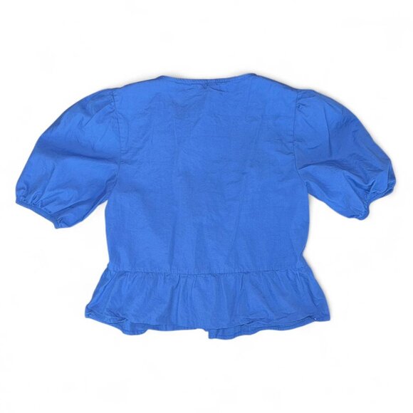Stradivarius Blue Puffy Sleeve Open Front Three Bow Tie Peplum Blouse Women's XS - Picture 4 of 8